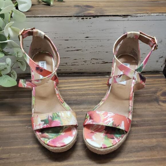 Steve Madden Floral "Montaukk" Espadrille Platform Wedge Heeled Sandals Size 6.5 - Picture 1 of 8